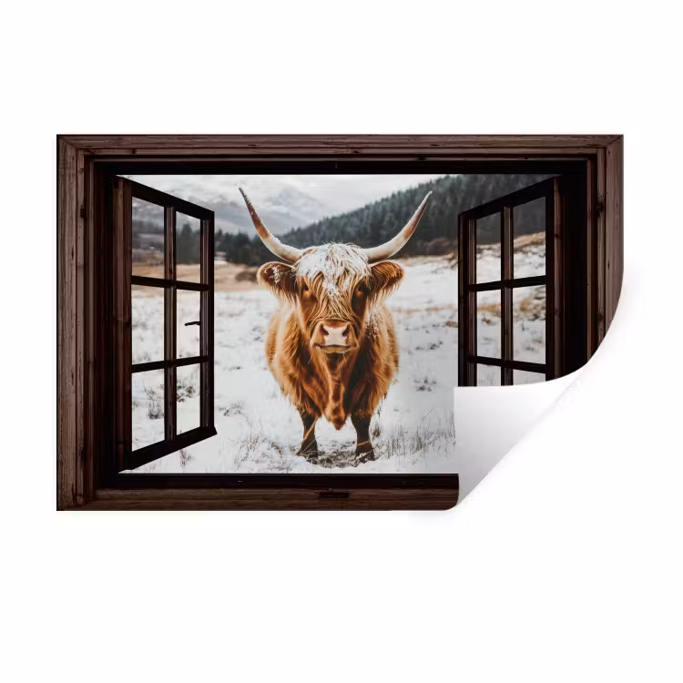Muursticker - Schotse Hooglander - Landschap - Landelijk - Bergen - Winter - Doorkijk - Donker — 1