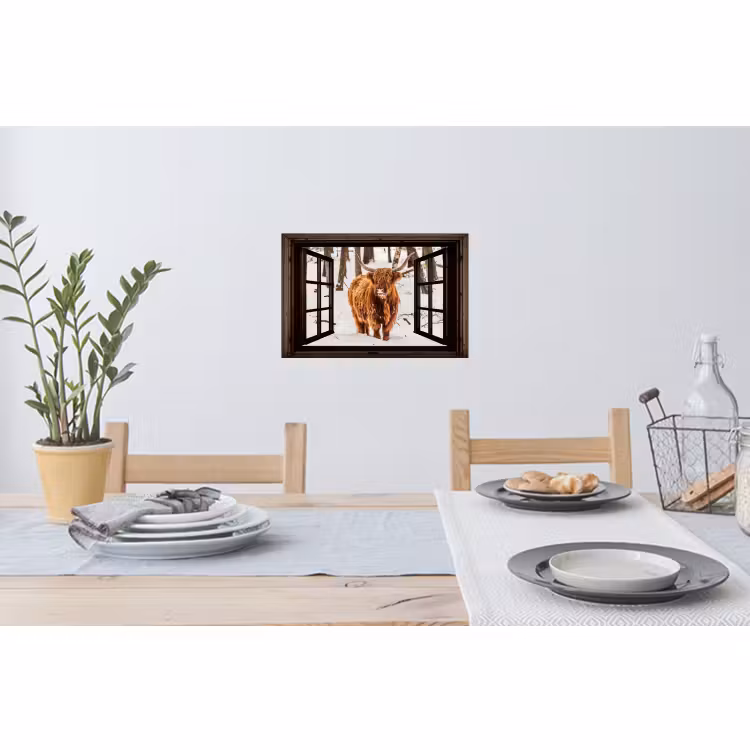 Muursticker - Schotse Hooglander - Sneeuw - Natuur - Dieren - Doorkijk - Winter — 3