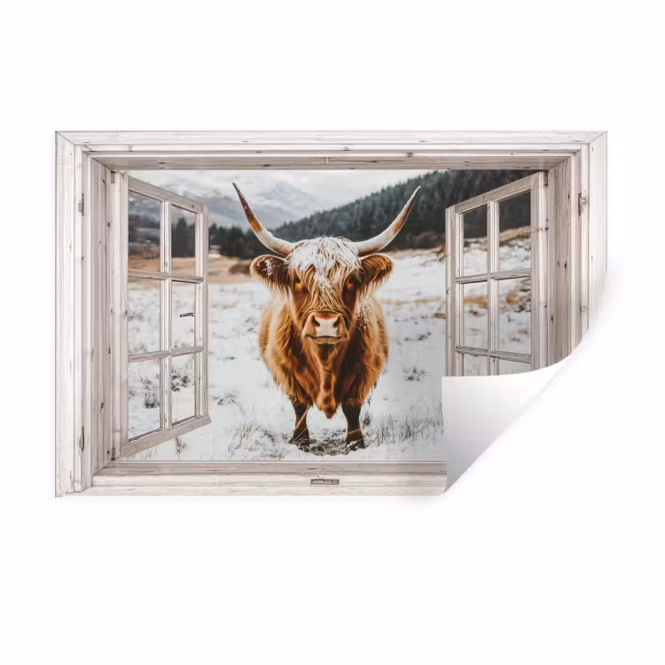 Muursticker - Schotse Hooglander - Winterlandschap - Landelijk - Bergen - Doorkijk — 1