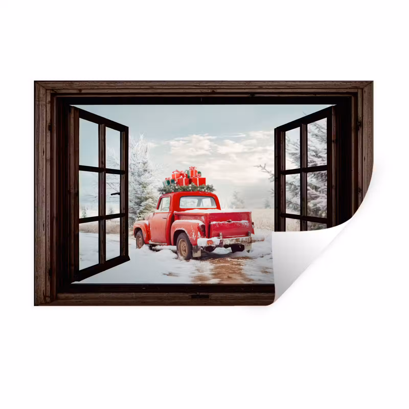 Muursticker - Doorkijk - Auto - Rood - Cadeaus - Winterlandschap - Kerst — 1