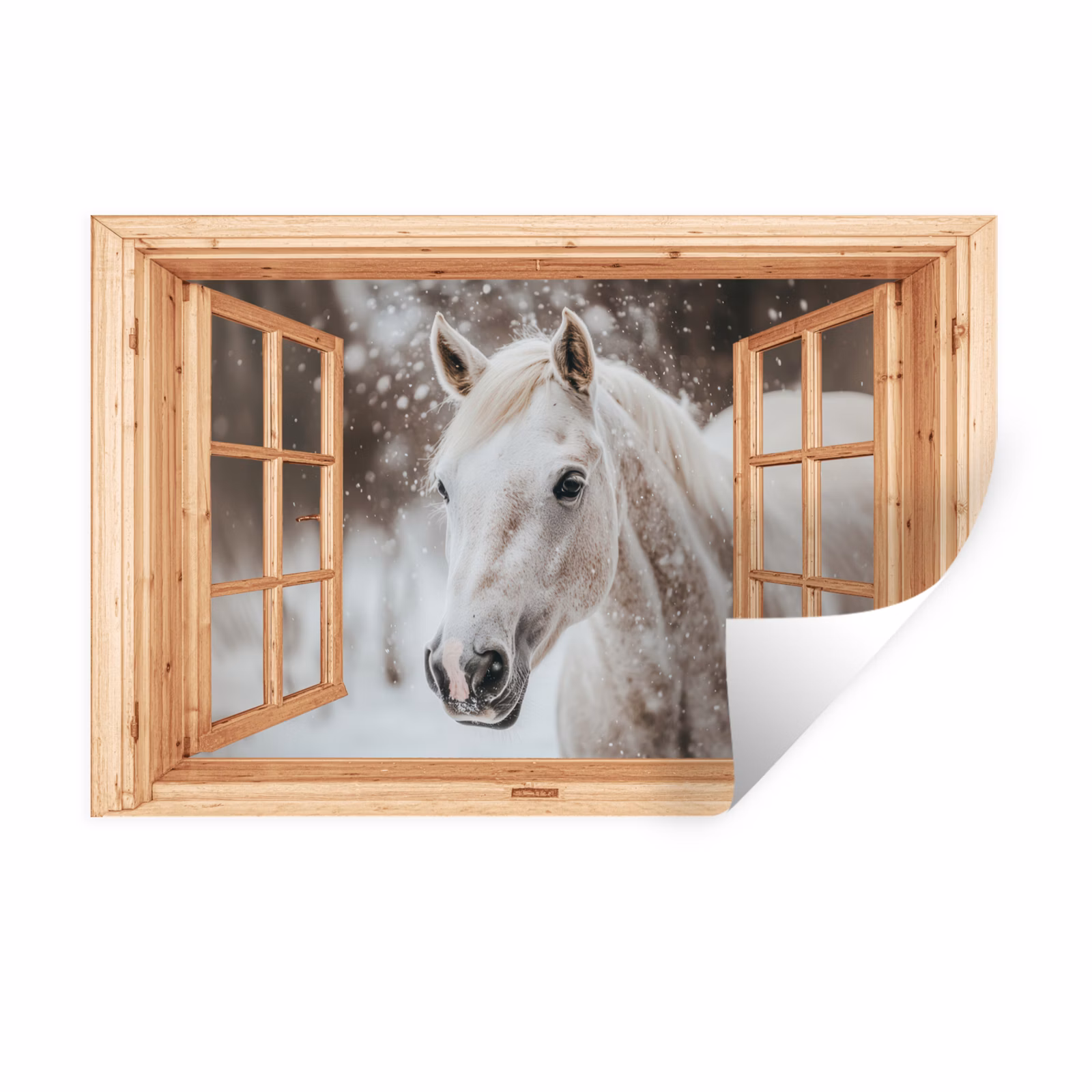 Muursticker - Doorkijk - Paard - Wit - Winter - Sneeuw - Dieren — 1