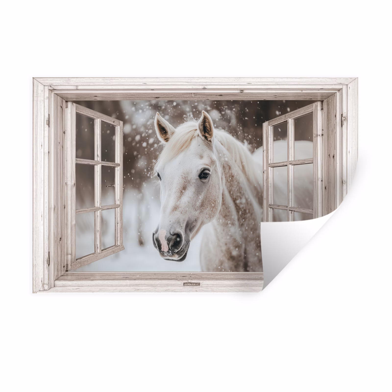 Muursticker - Paard - Wit - Winter - Sneeuw - Doorkijk - Dieren — 1