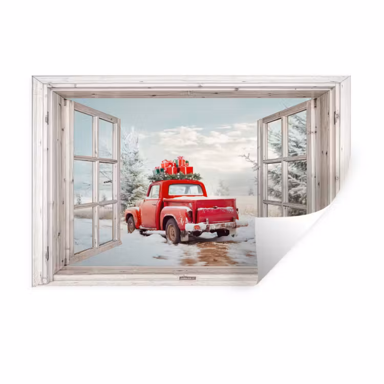 Muursticker - Auto - Rood - Cadeaus - Winter - Kerst - Doorkijk - Wit — 1