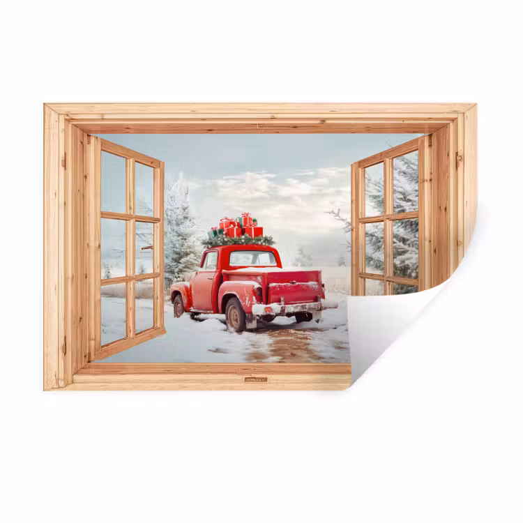 Muursticker - Doorkijk - Auto - Kerst - Cadeaus - Winter - Landschap — 1