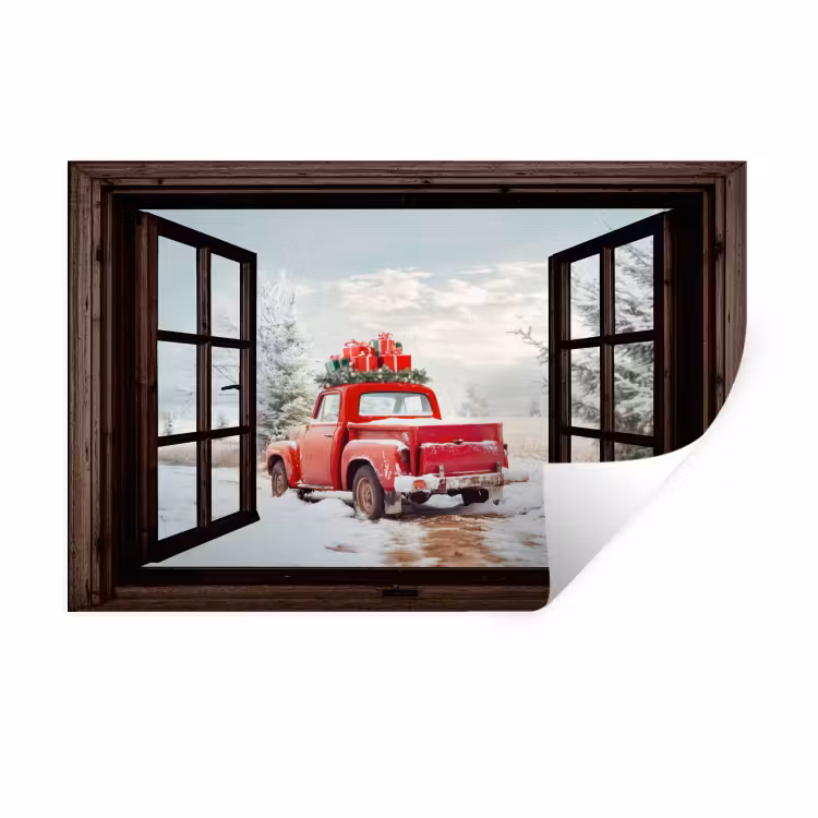 Muursticker - Doorkijk - Auto - Rood - Cadeaus - Winterlandschap - Kerst — 1
