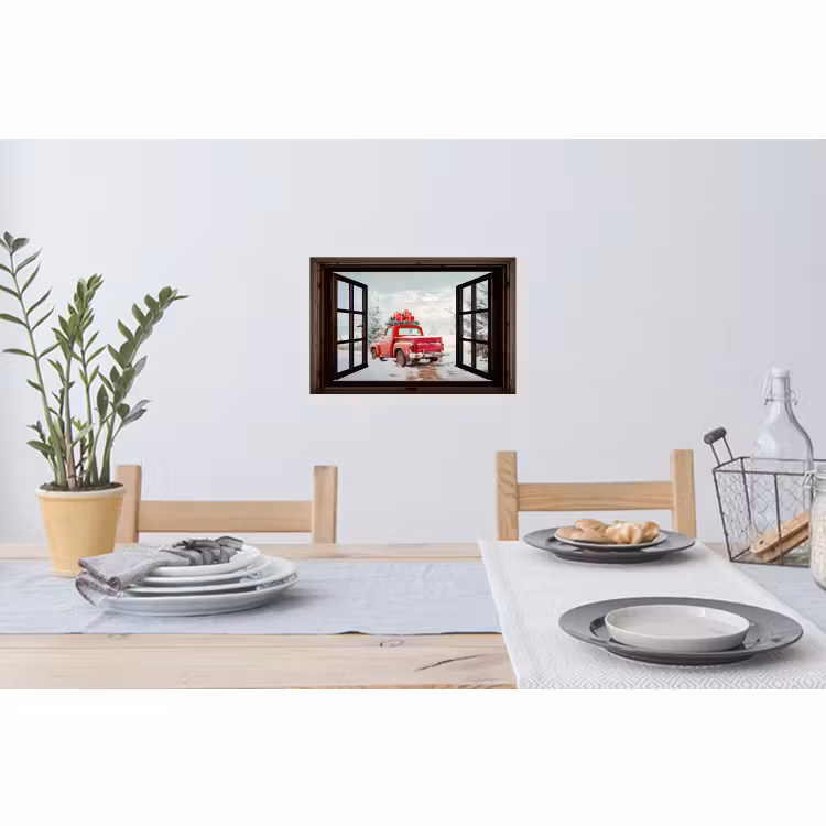 Muursticker - Doorkijk - Auto - Rood - Cadeaus - Winterlandschap - Kerst — 3