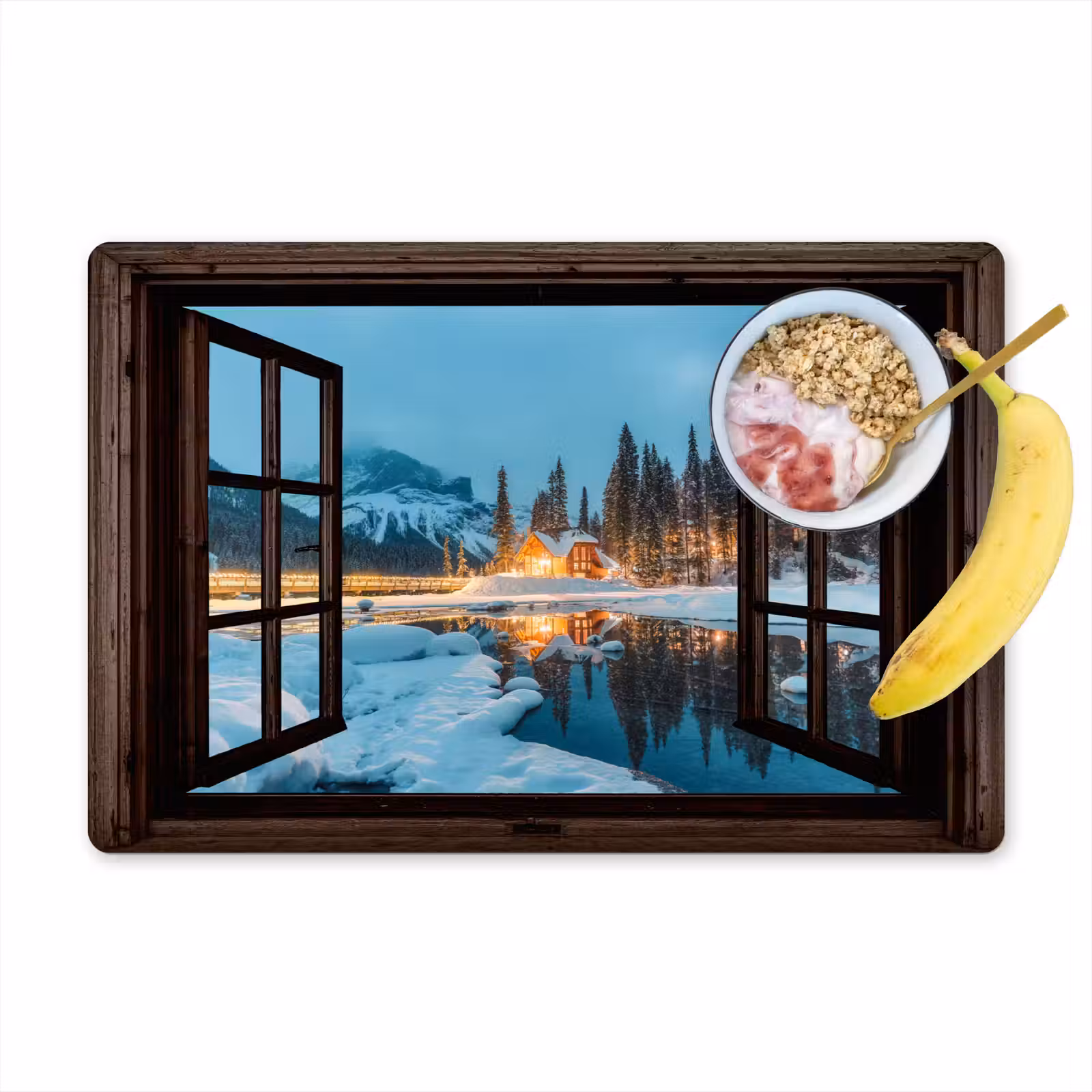 Placemat - 6 stuks - Doorkijk - Winter - Landschap - Natuur - Huis - Bergen — 1