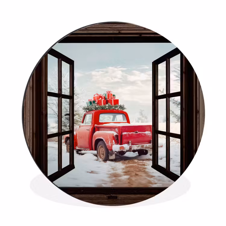 Doorkijk - Auto - Rood - Cadeaus - Winterlandschap - Kerst — 1