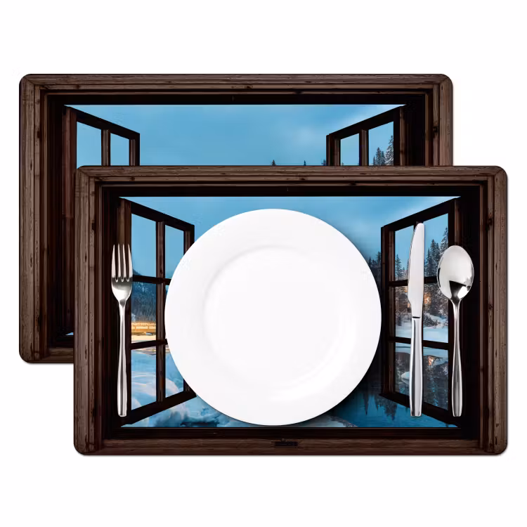 Placemat - 6 stuks - Doorkijk - Winter - Landschap - Natuur - Huis - Bergen — 2