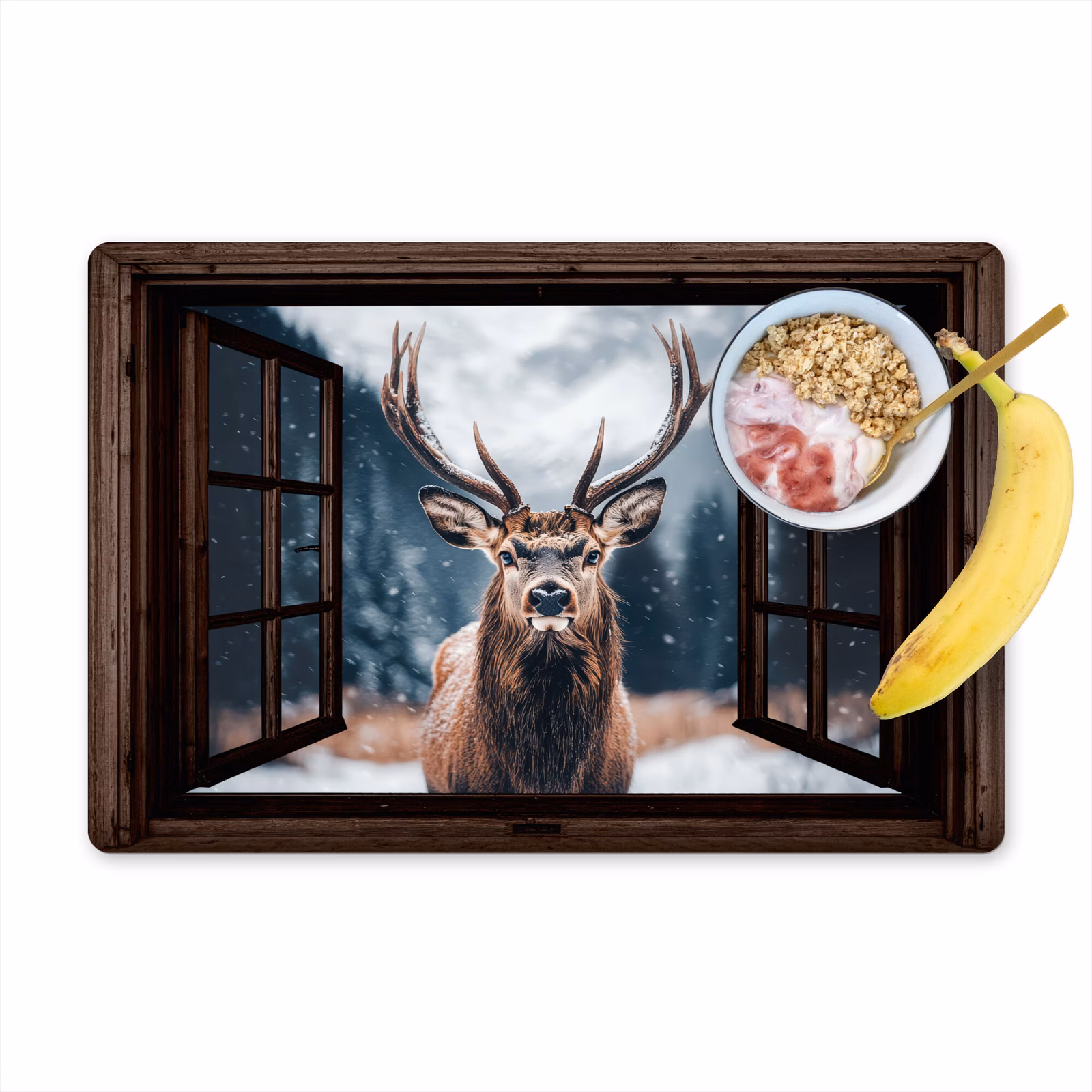 Placemat - 6 stuks - Doorkijk - Hert - Dieren - Landschap - Winter - Sneeuw - Landelijk — 1