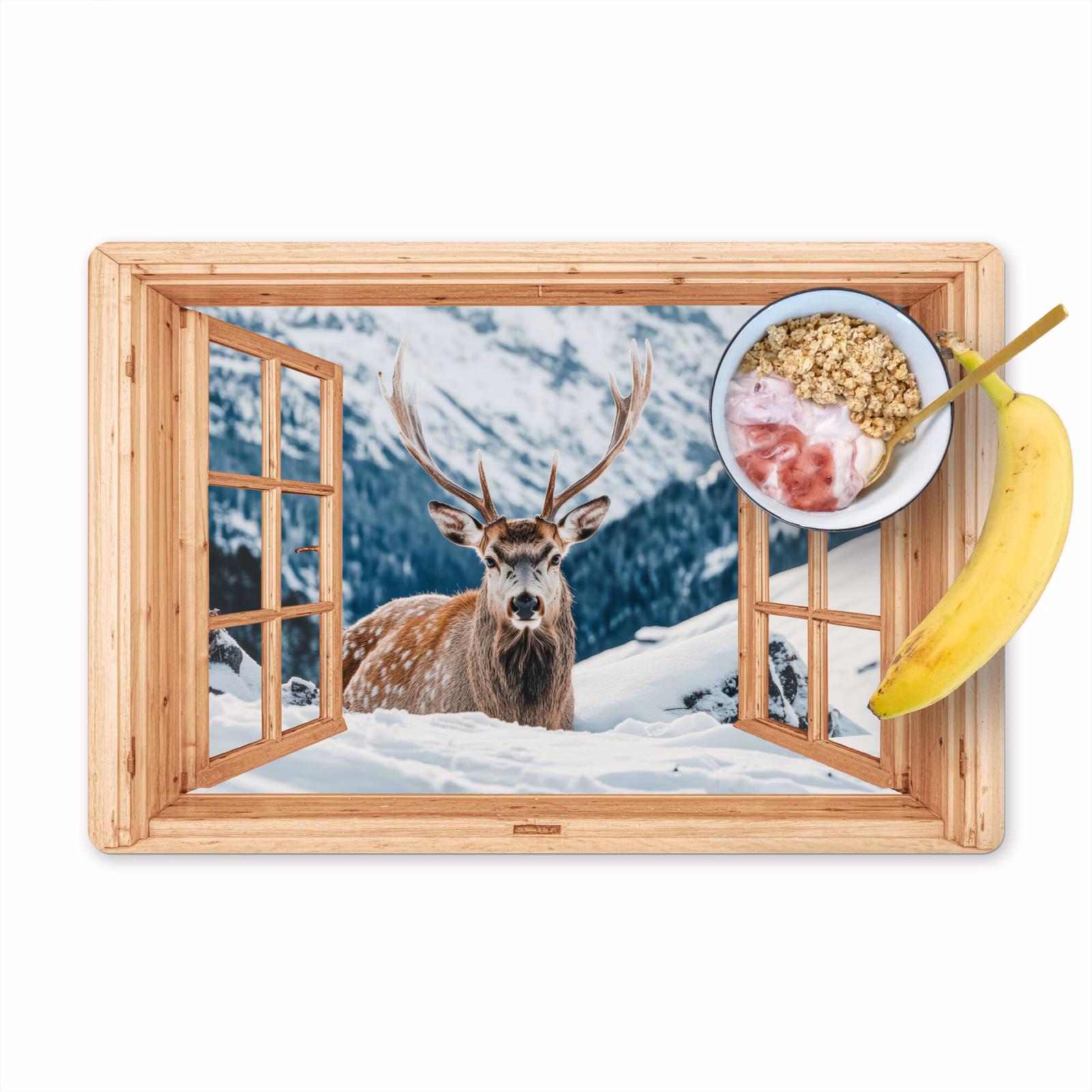 Placemat - 6 stuks - Doorkijk - Hert - Landschap - Winter - Natuur - Dieren - Bergen — 1