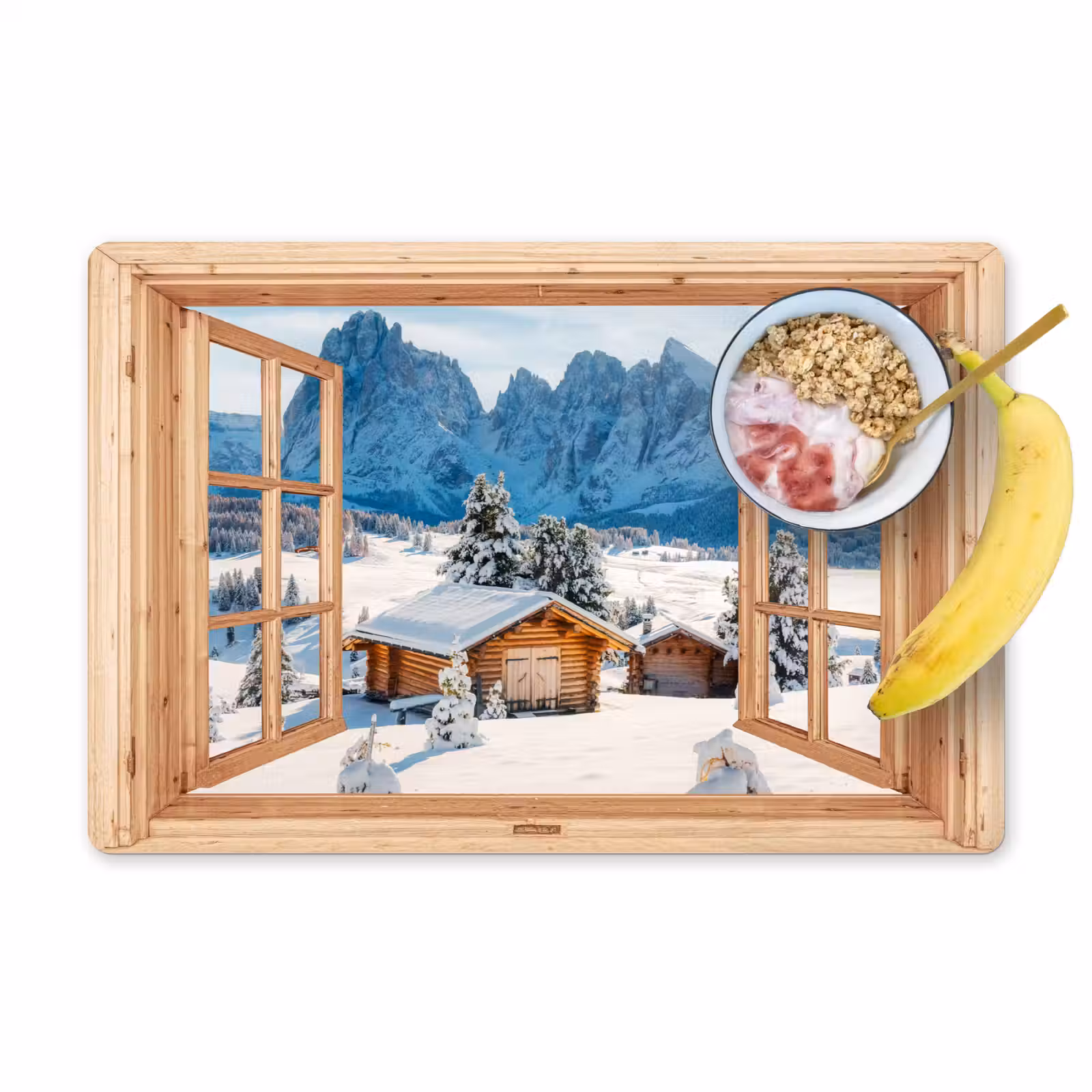 Placemat - 6 stuks - Doorkijk - Winterlandschap - Huisje - Bergen - Uitzicht — 1