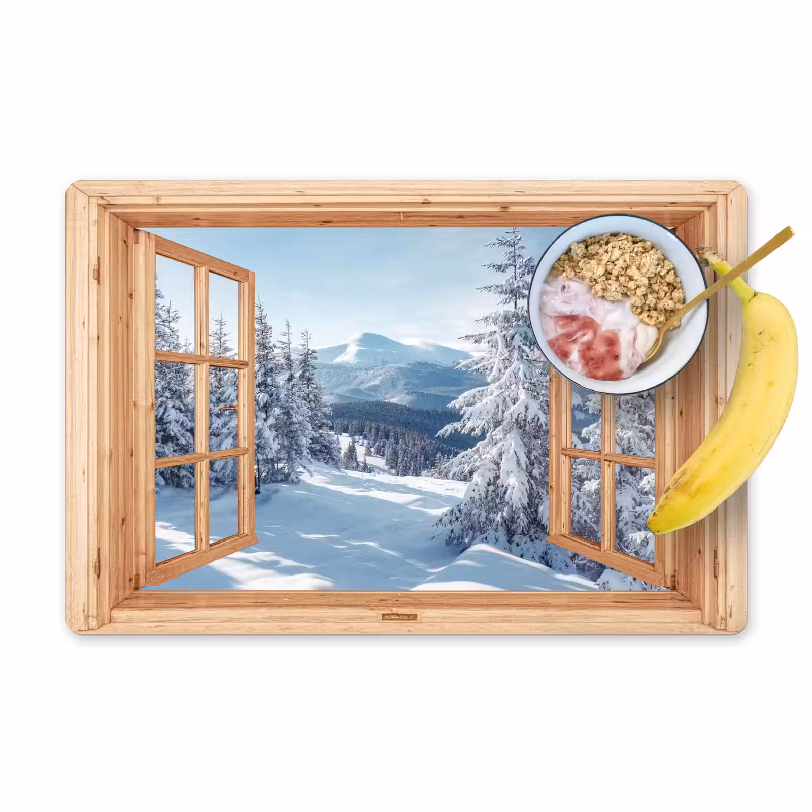 Placemat - 6 stuks - Doorkijk - Winterlandschap - Natuur - Berg - Bomen - Hout — 1