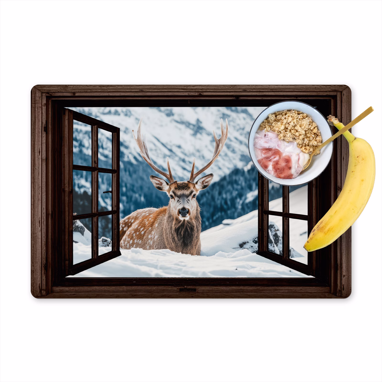 Placemat - 6 stuks - Hert - Landschap - Winter - Natuur - Dieren - Doorkijk - Bergen — 1