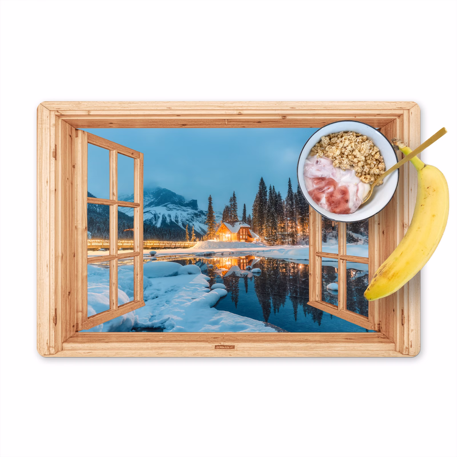Placemat - 6 stuks - Winterlandschap - Natuur - Huis - Bergen - Doorkijk - Raam — 1