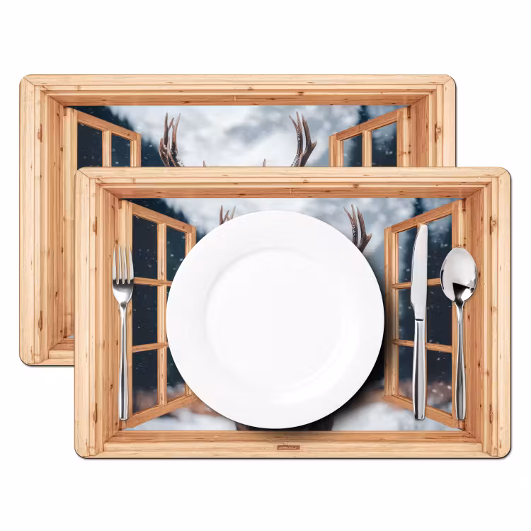 Placemat - 6 stuks - Doorkijk - Hert - Dieren - Winterlandschap - Sneeuw — 2