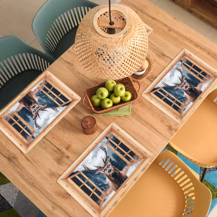 Placemat - 6 stuks - Doorkijk - Hert - Dieren - Winterlandschap - Sneeuw — 4