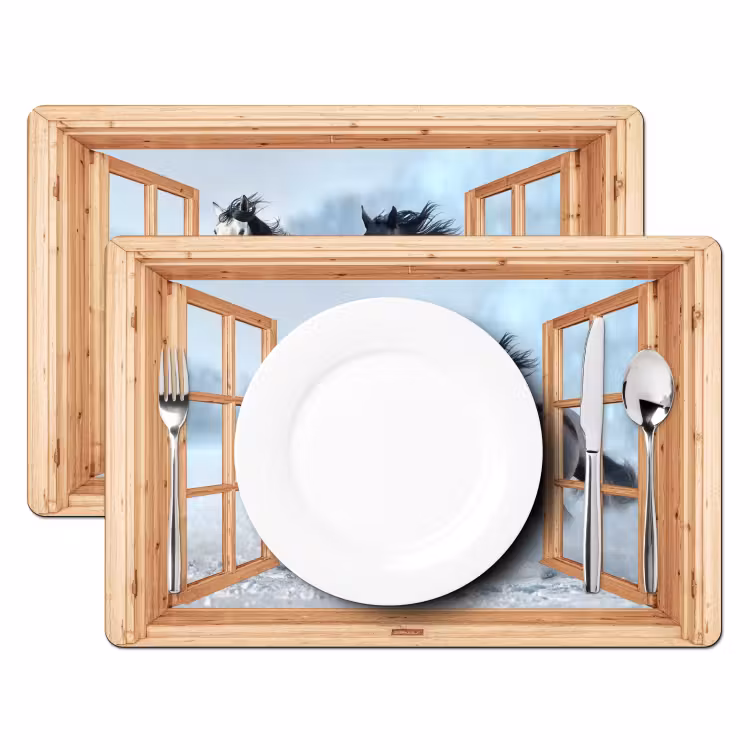 Placemat - 6 stuks - Doorkijk - Paarden - Winter - Dieren - Natuur - Hout — 2