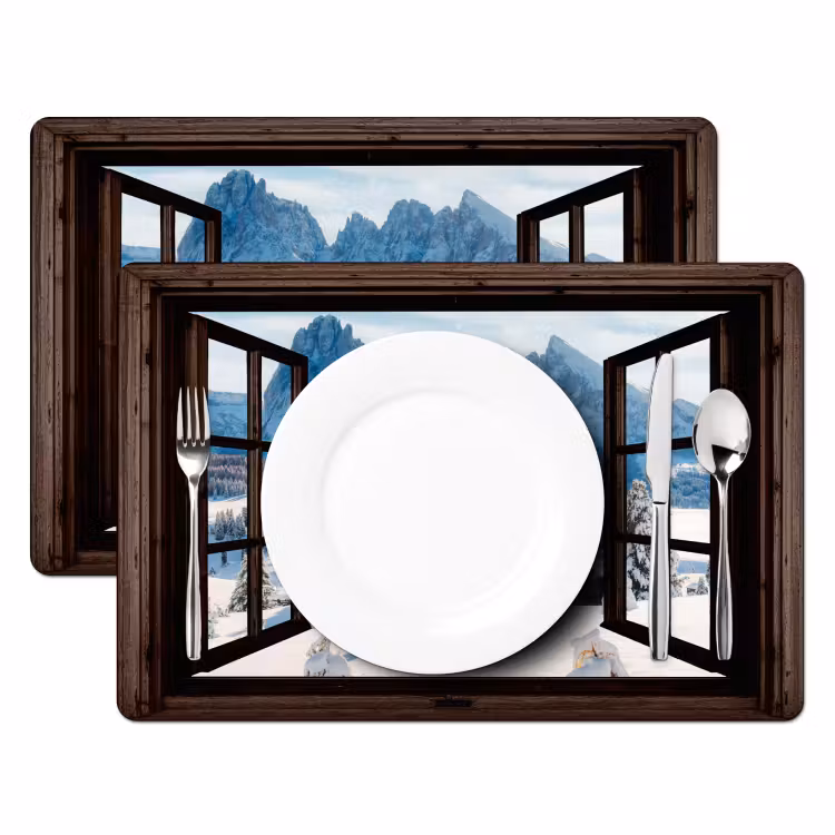 Placemat - 6 stuks - Doorkijk - Winter - Landschap - Huisje - Bergen — 2