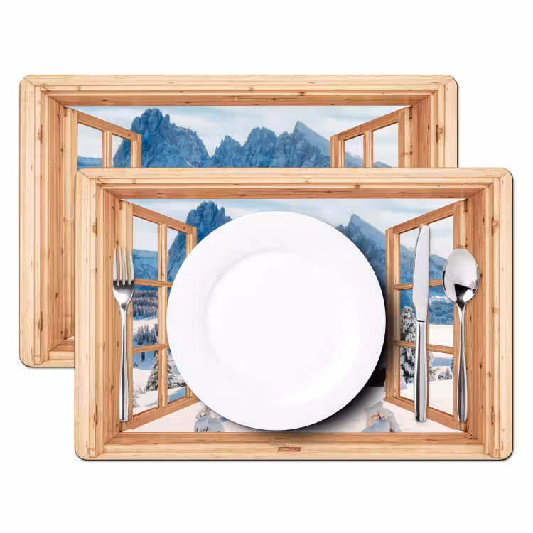 Placemat - 6 stuks - Doorkijk - Winterlandschap - Huisje - Bergen - Uitzicht — 2