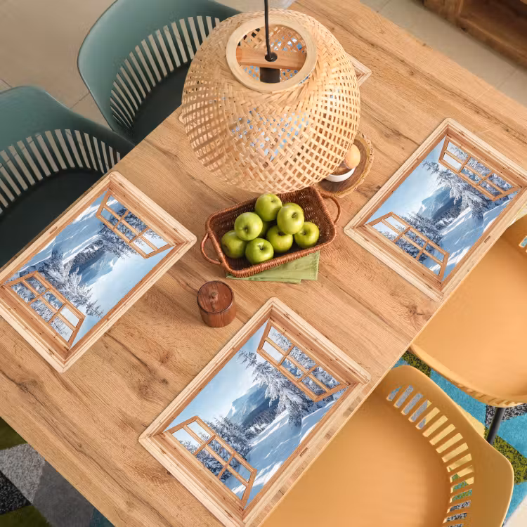 Placemat - 6 stuks - Doorkijk - Winterlandschap - Natuur - Berg - Bomen - Hout — 4