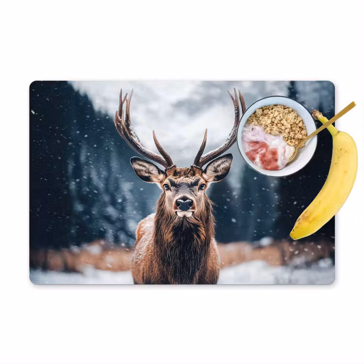 Placemat - 6 stuks - Hert - Dieren - Landschap - Winter - Sneeuw — 1