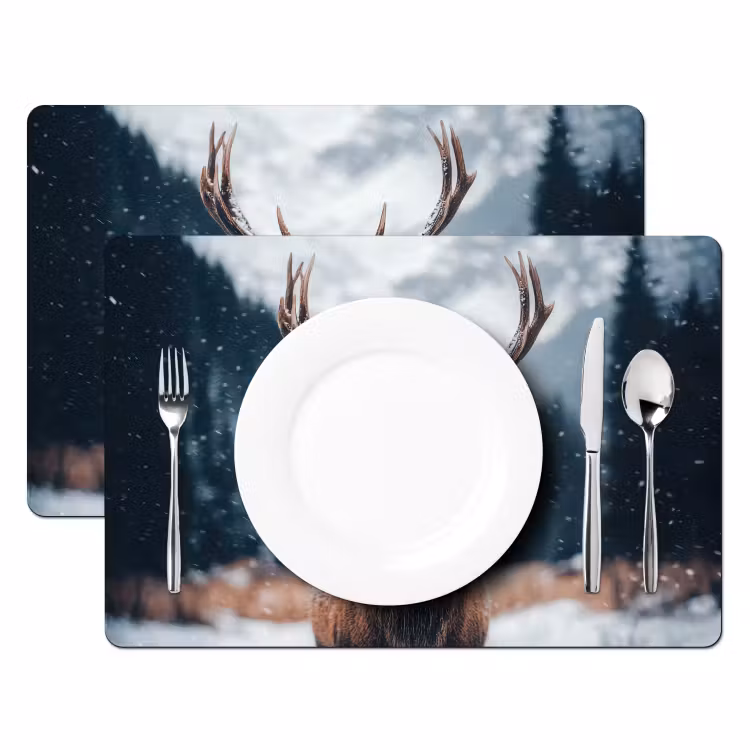 Placemat - 6 stuks - Hert - Dieren - Landschap - Winter - Sneeuw — 2