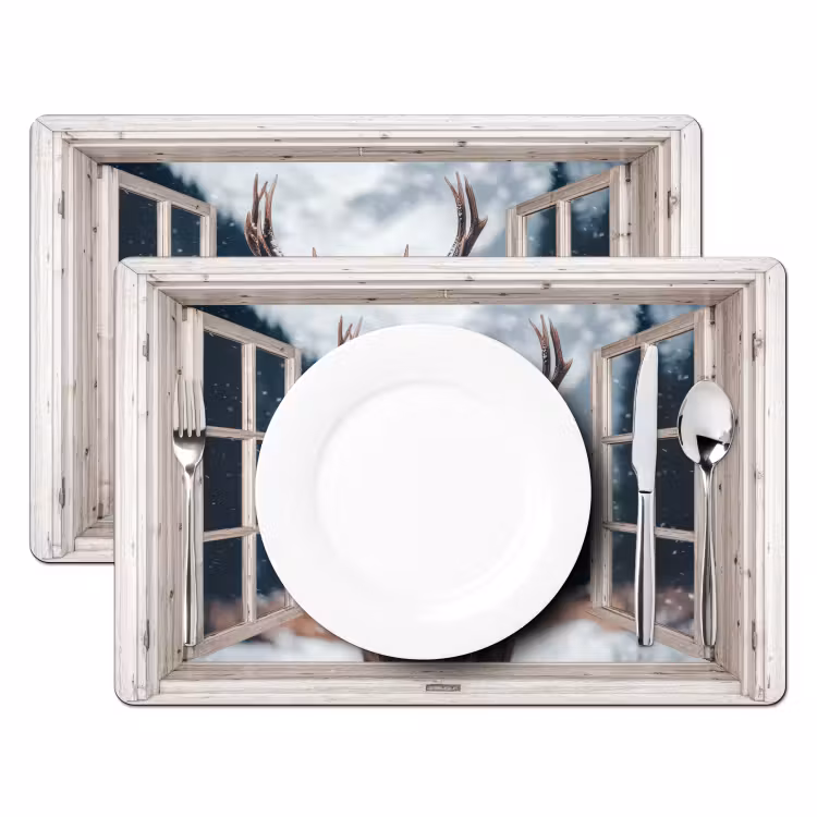 Placemat - 6 stuks - Hert - Dieren - Landschap - Winter - Sneeuw - Doorkijk - Natuur — 2