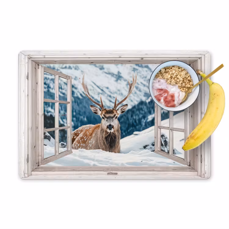 Placemat - 6 stuks - Hert - Winterlandschap - Natuur - Dieren - Doorkijk - Bergen — 1