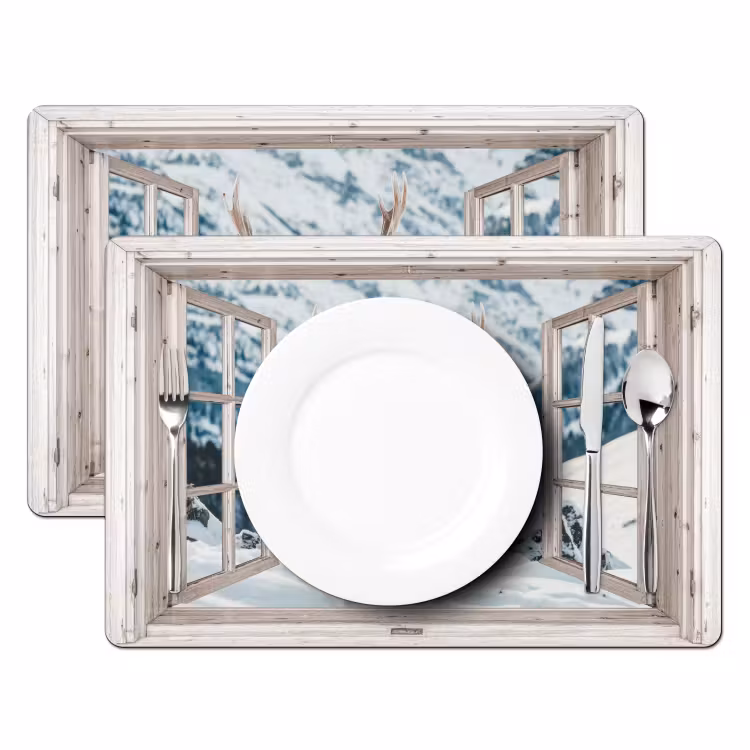 Placemat - 6 stuks - Hert - Winterlandschap - Natuur - Dieren - Doorkijk - Bergen — 2