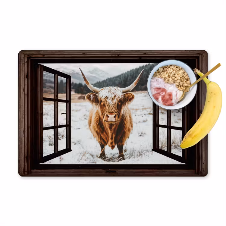 Placemat - 6 stuks - Schotse Hooglander - Landschap - Landelijk - Bergen - Winter - Doorkijk - Donker — 1