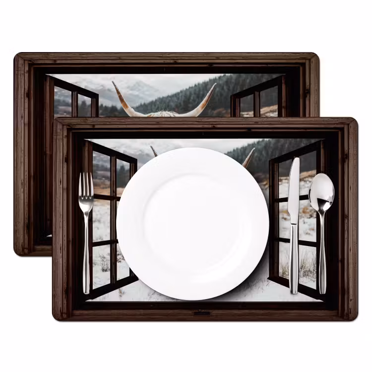 Placemat - 6 stuks - Schotse Hooglander - Landschap - Landelijk - Bergen - Winter - Doorkijk - Donker — 2
