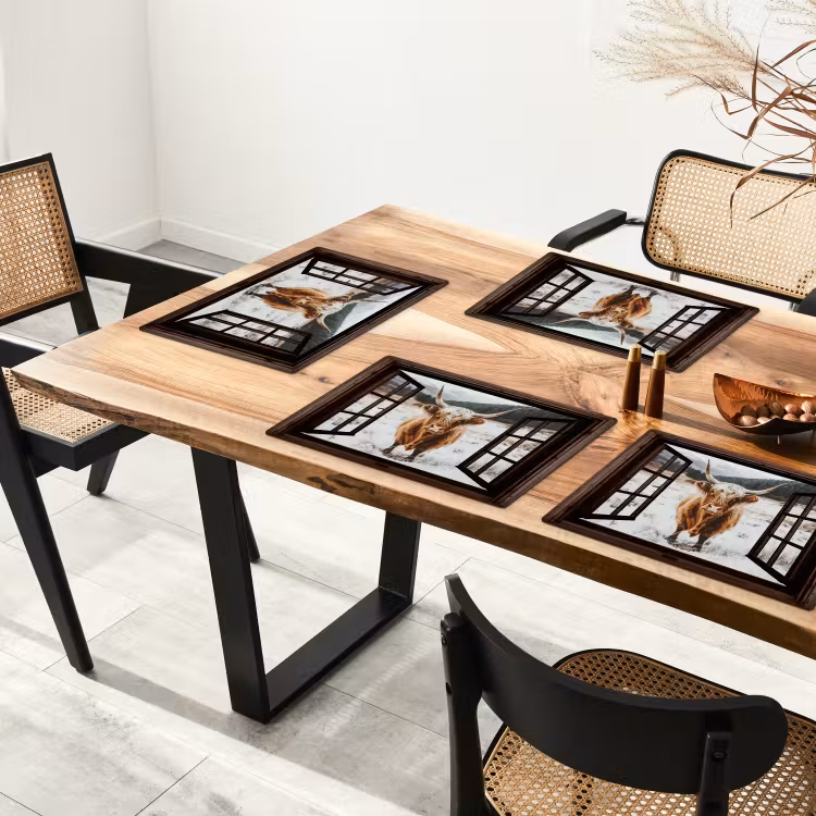 Placemat - 6 stuks - Schotse Hooglander - Landschap - Landelijk - Bergen - Winter - Doorkijk - Donker — 3