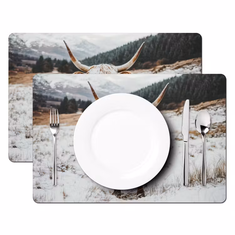 Placemat - 6 stuks - Schotse Hooglander - Landschap - Sneeuw - Bergen - Winter — 2