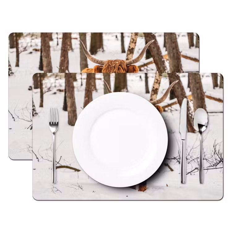 Placemat - 6 stuks - Schotse Hooglander - Sneeuw - Winter - Natuur - Dieren — 2