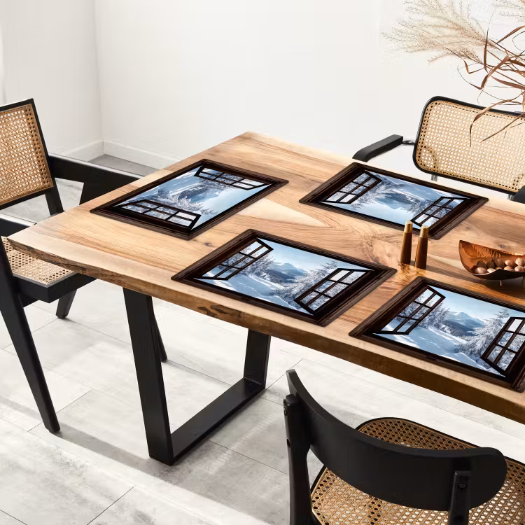 Placemat - 6 stuks - Winter - Landschap - Natuur - Berg - Bomen - Doorkijk - Uitzicht — 3