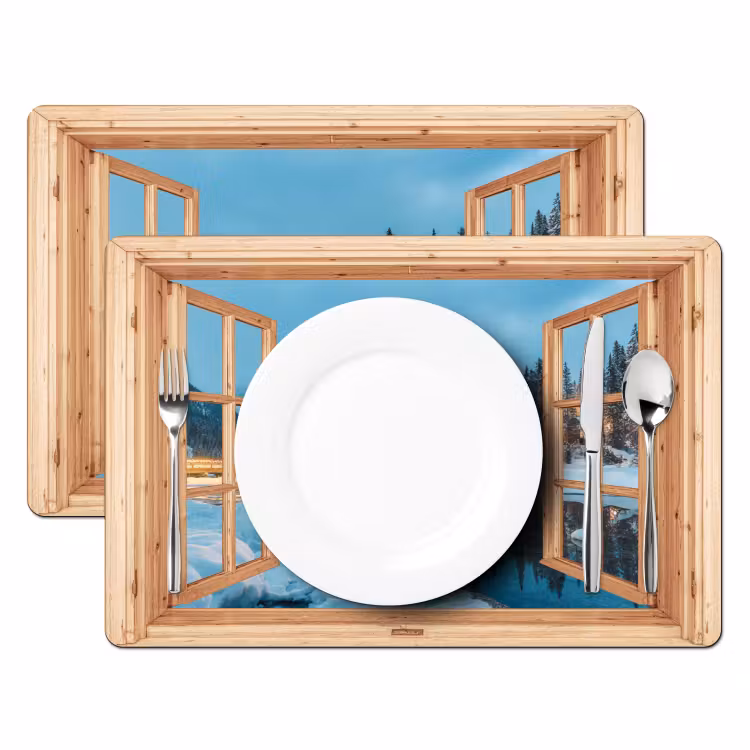 Placemat - 6 stuks - Winterlandschap - Natuur - Huis - Bergen - Doorkijk - Raam — 2