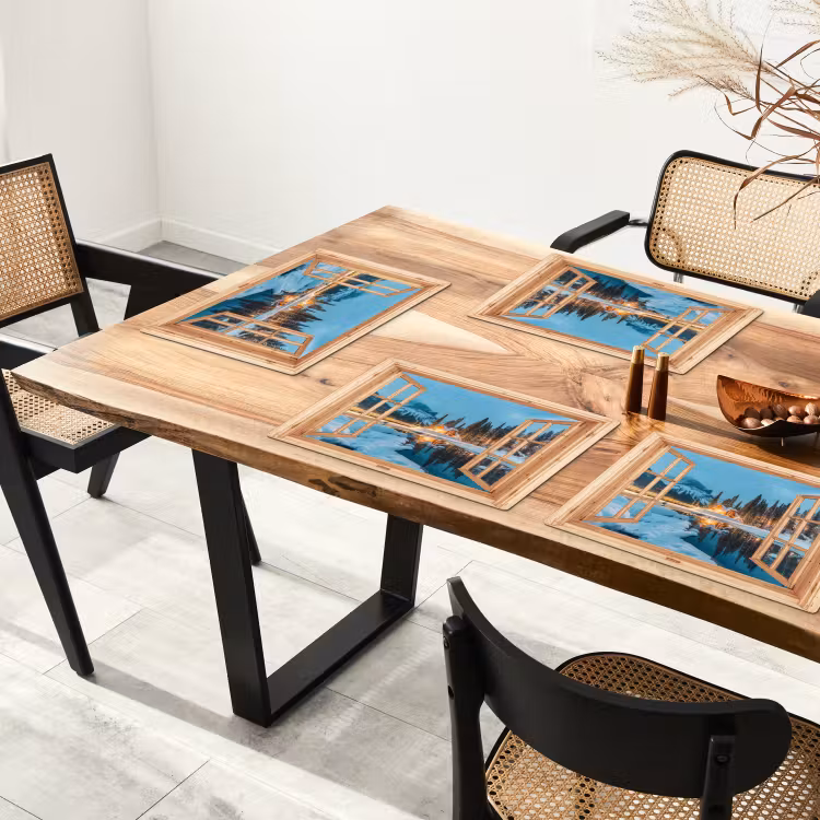 Placemat - 6 stuks - Winterlandschap - Natuur - Huis - Bergen - Doorkijk - Raam — 3