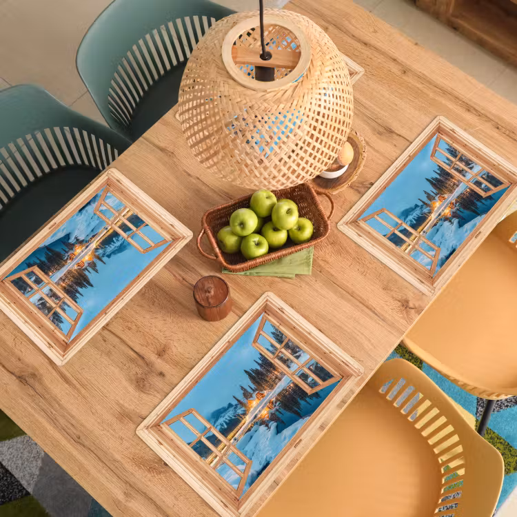 Placemat - 6 stuks - Winterlandschap - Natuur - Huis - Bergen - Doorkijk - Raam — 4