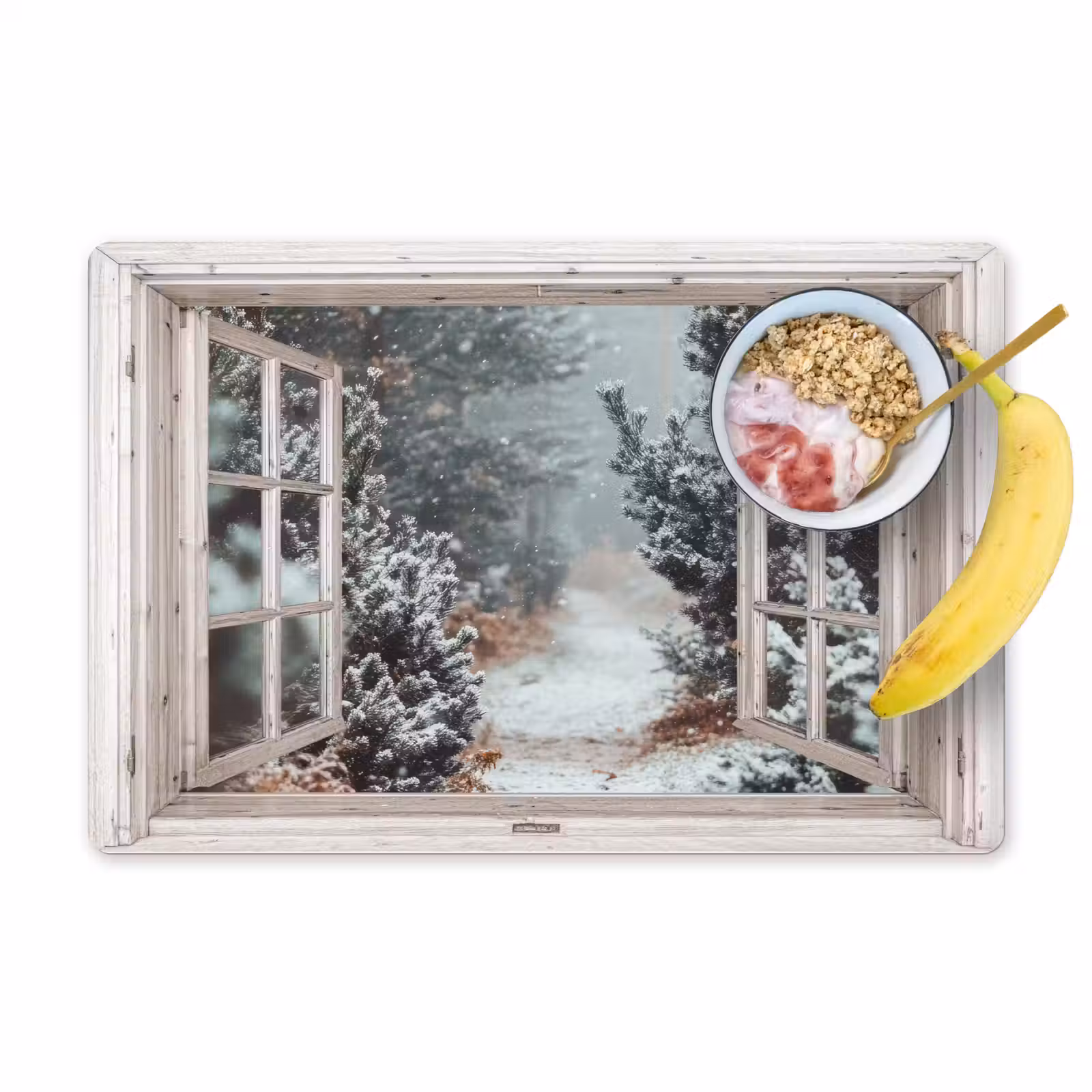 Placemat - 6 stuks - Bos - Winter - Bomen - Natuur - Pad - Doorkijk - Wit — 1