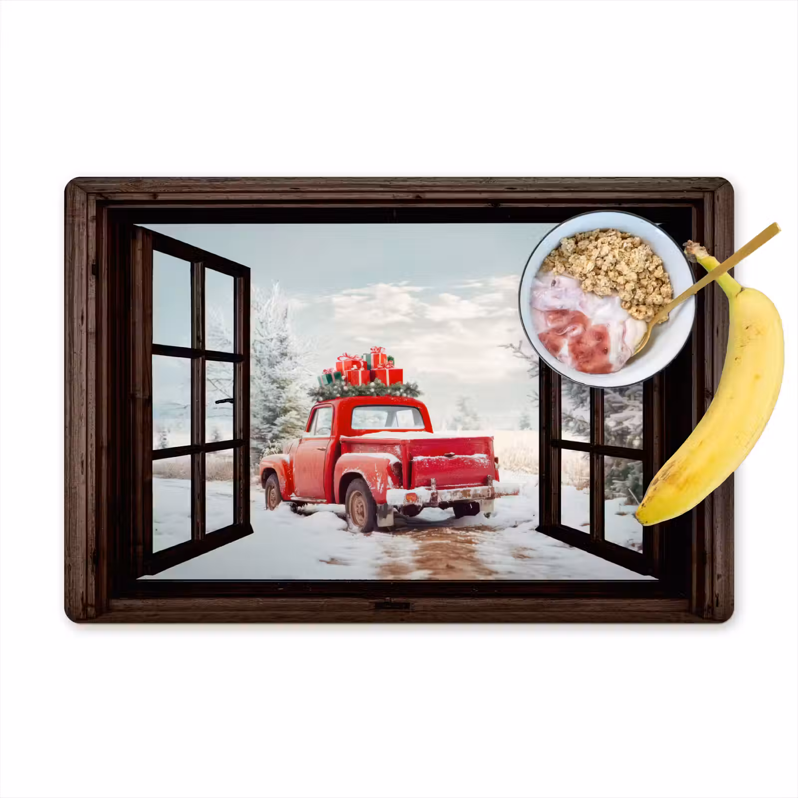Placemat - 6 stuks - Doorkijk - Auto - Rood - Cadeaus - Winterlandschap - Kerst — 1