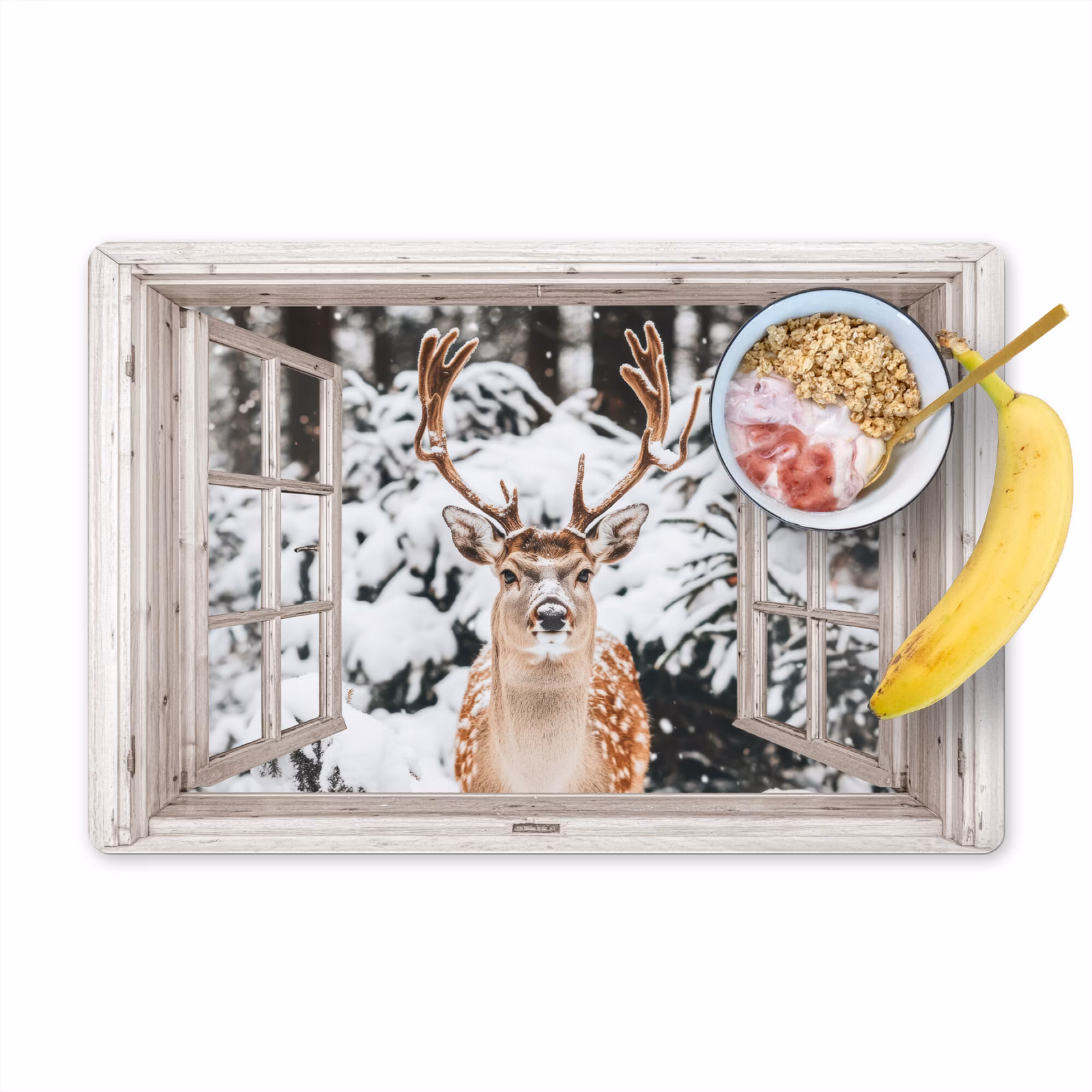 Placemat - 6 stuks - Doorkijk - Hert - Sneeuw - Winter - Bos - Dieren - Natuur — 1