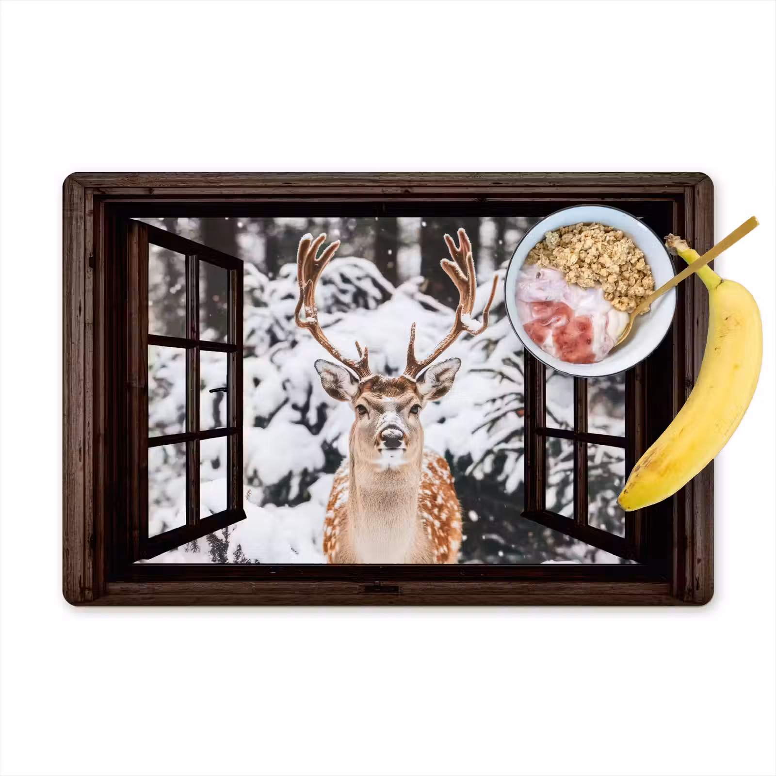 Placemat - 6 stuks - Hert - Sneeuw - Winter - Bos - Dieren - Doorkijk — 1