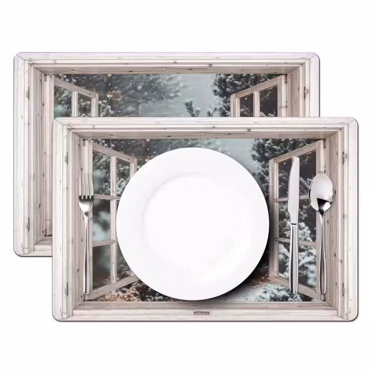 Placemat - 6 stuks - Bos - Winter - Bomen - Natuur - Pad - Doorkijk - Wit — 2