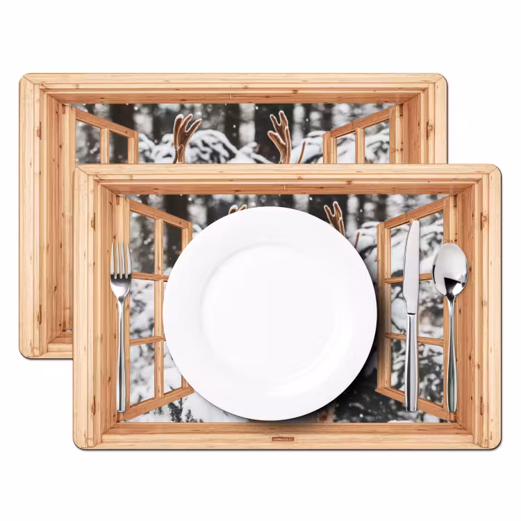 Placemat - 6 stuks - Doorkijk - Hert - Sneeuw - Winter - Bos - Dieren — 2