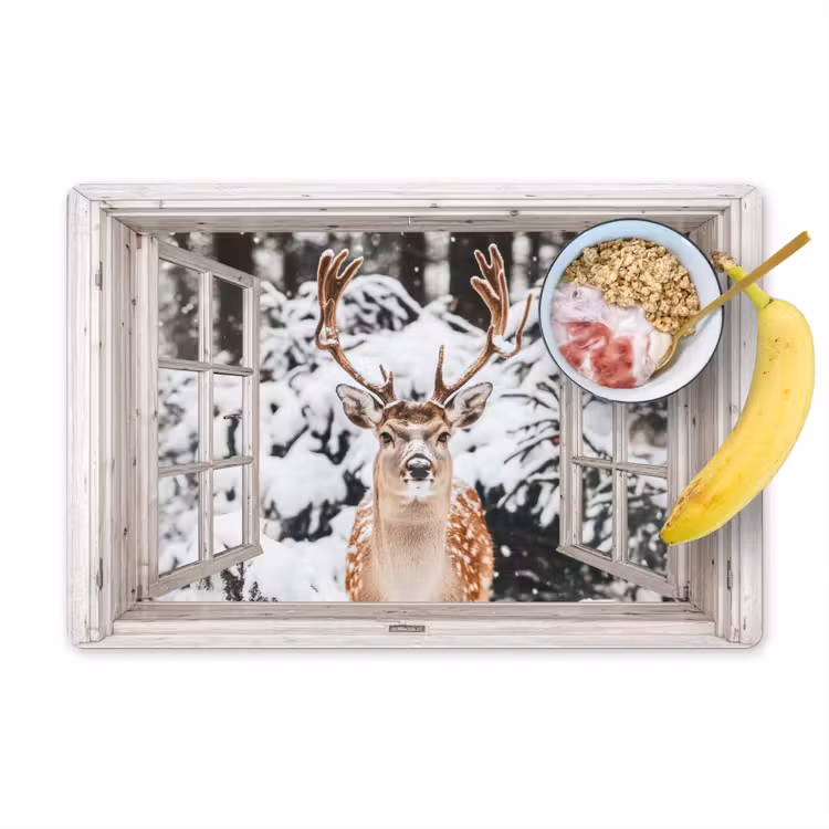 Placemat - 6 stuks - Doorkijk - Hert - Sneeuw - Winter - Bos - Dieren - Natuur — 1