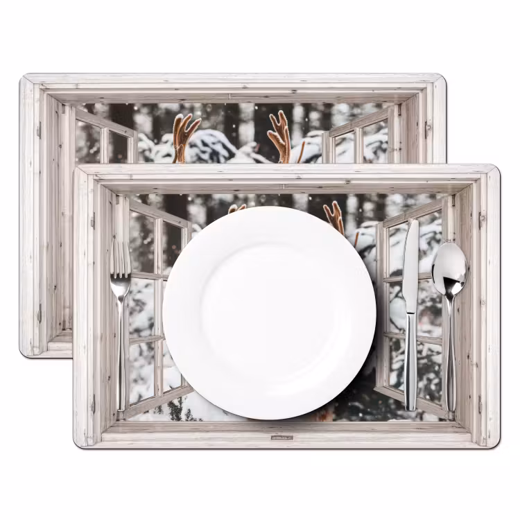 Placemat - 6 stuks - Doorkijk - Hert - Sneeuw - Winter - Bos - Dieren - Natuur — 2