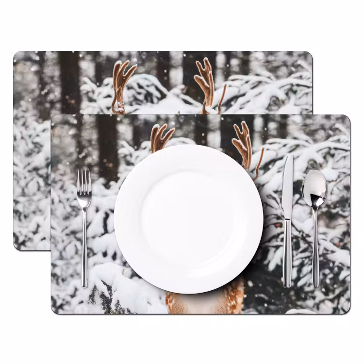 Placemat - 6 stuks - Hert - Sneeuw - Winter - Bos - Dieren — 2