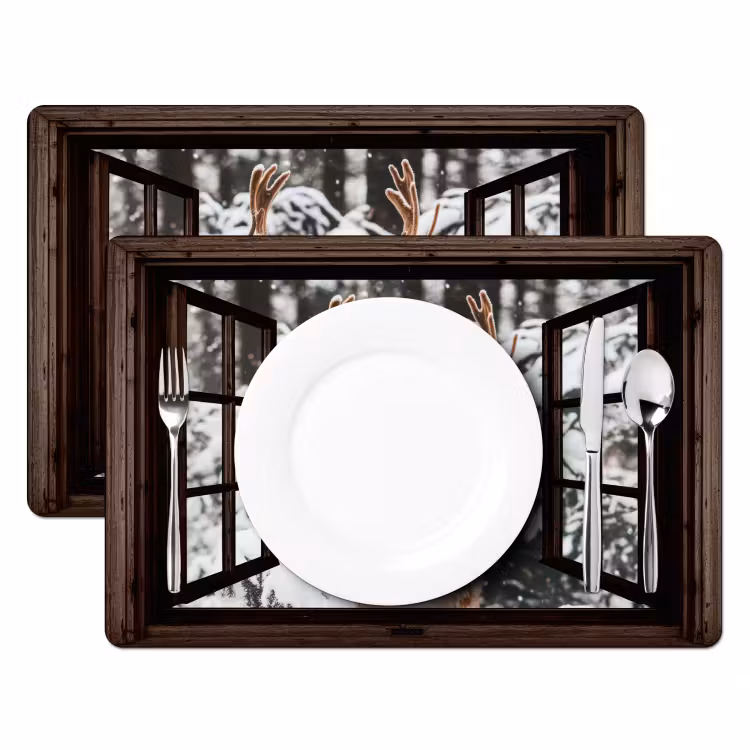 Placemat - 6 stuks - Hert - Sneeuw - Winter - Bos - Dieren - Doorkijk — 2