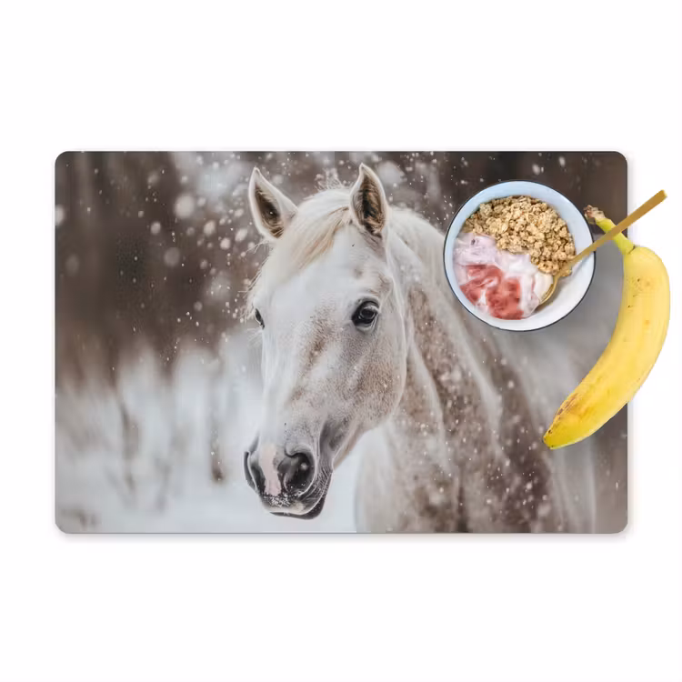 Placemat - 6 stuks - Paard - Wit - Winter - Natuur - Sneeuw - Dieren — 1